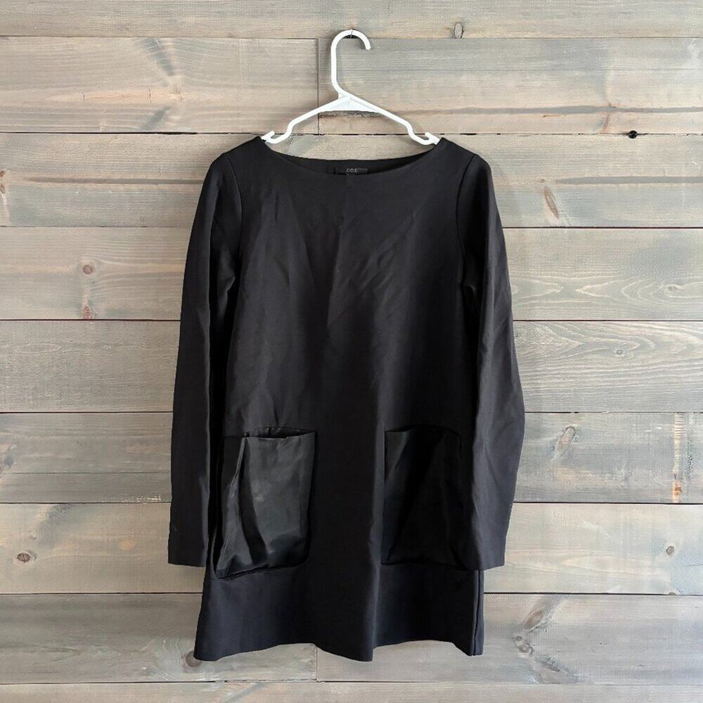 COS | Women’s Long-Sleeve Black A-Line Dress with Silk Pockets Size Small